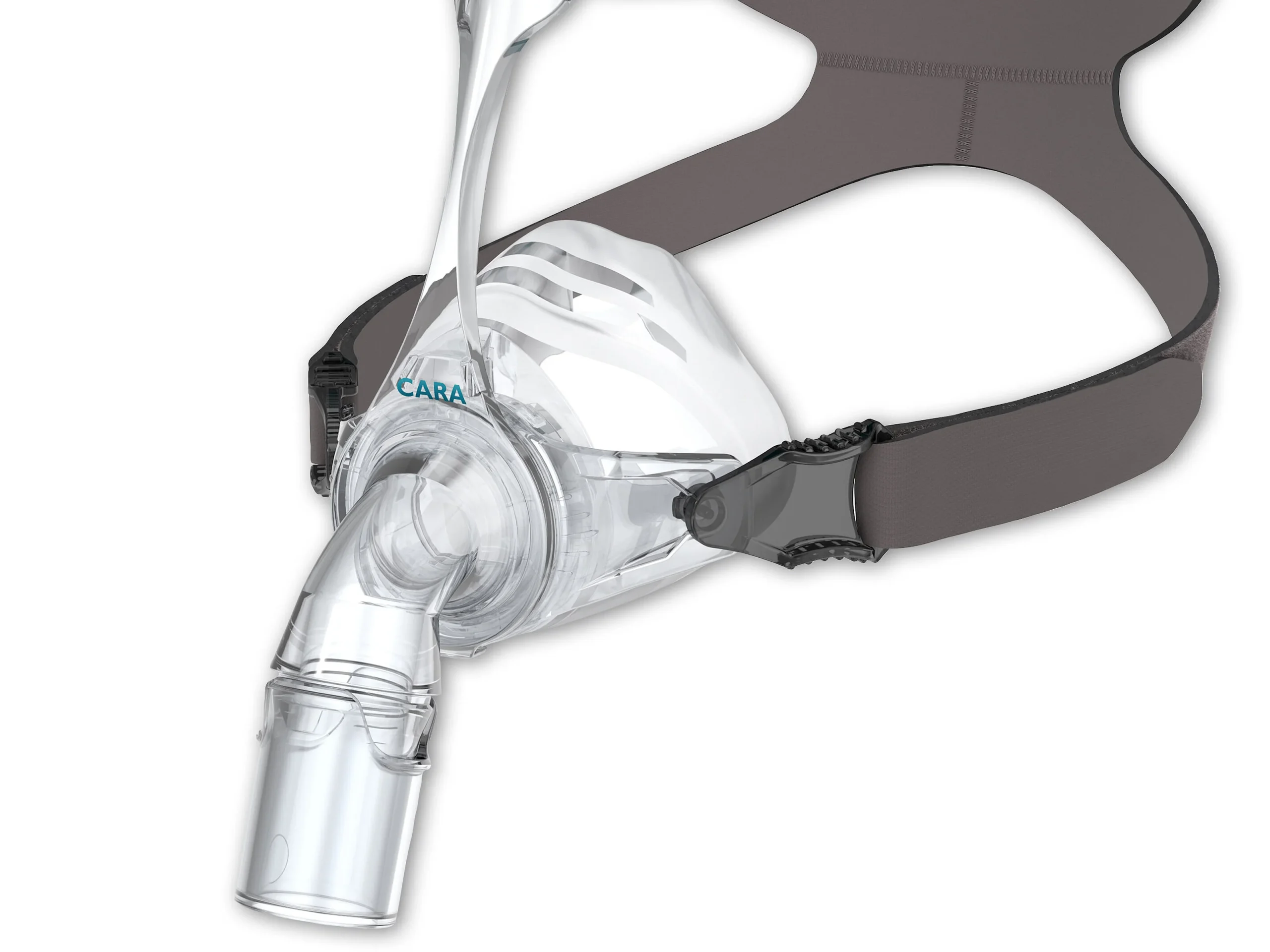 Close-up of the Löwenstein CARA nasal mask frame, swivel elbow and headgear clips