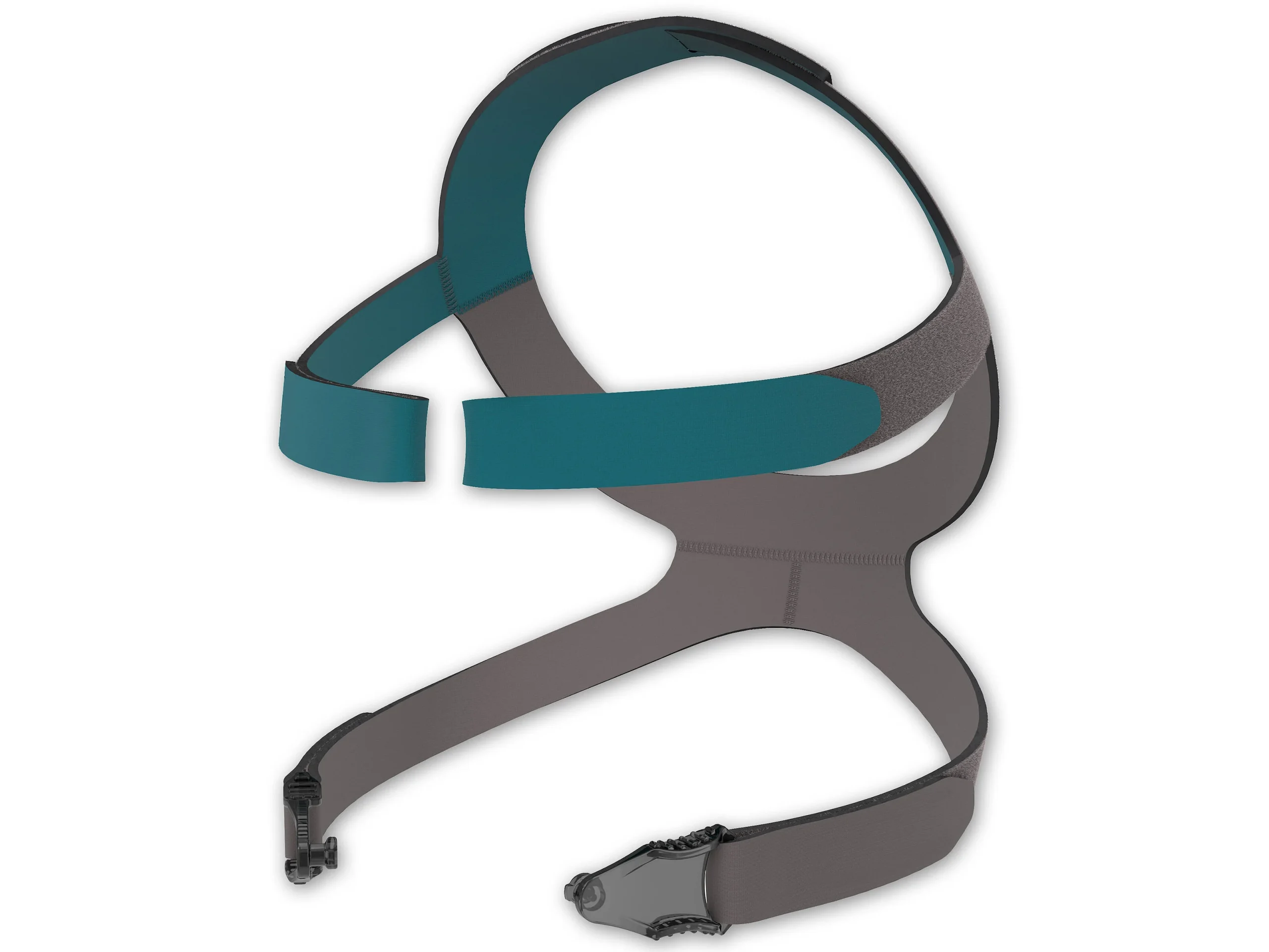 Löwenstein CARA nasal mask headgear — teal and grey straps with quick-release clips, shown without the mask