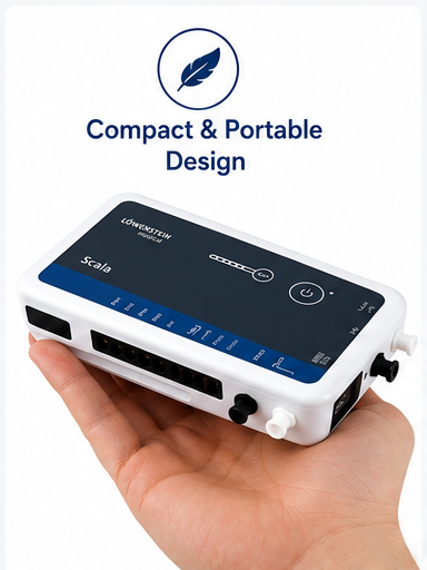 Löwenstein Scala home sleep study device held in one hand, showing its compact and portable design