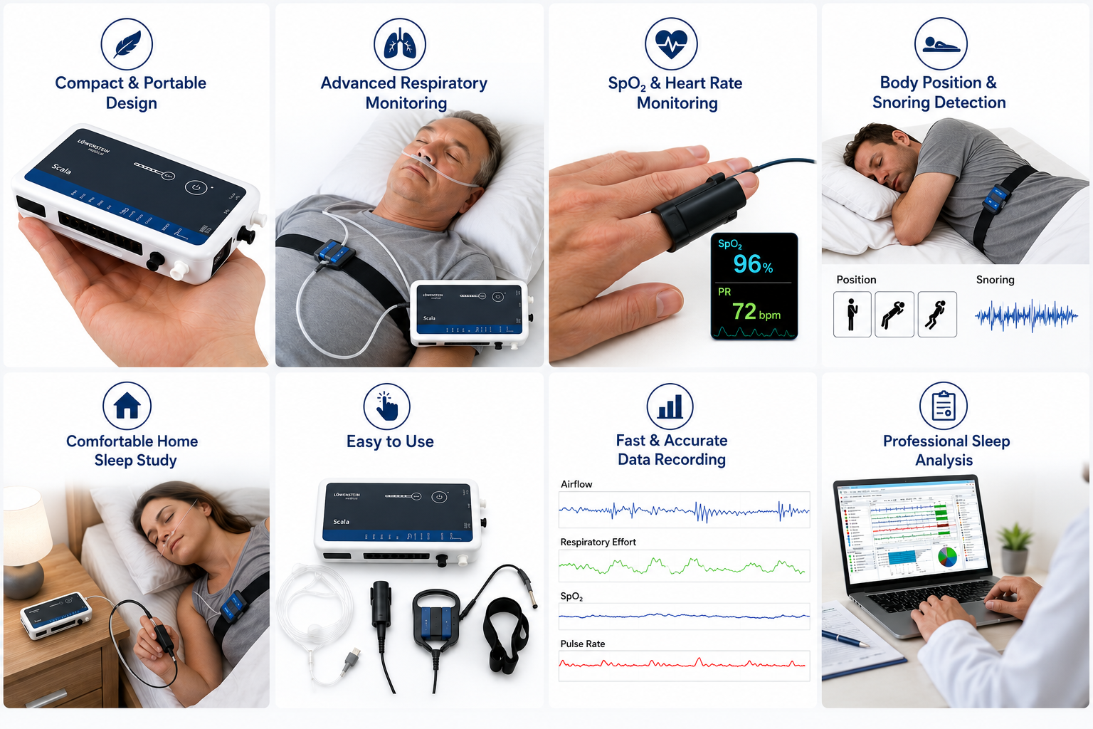 Home sleep study equipment features — compact Löwenstein Scala device, respiratory monitoring, SpO2 and heart rate tracking, body position and snoring detection, comfortable home use, sensor kit, airflow and pulse recording, and specialist sleep report analysis