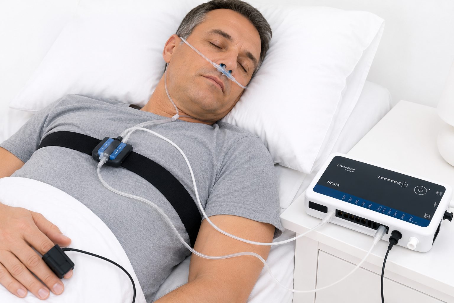 Patient sleeping at home wearing a nasal cannula, chest effort belt and finger SpO2 sensor connected to the Löwenstein Scala polygraphy device on the bedside table