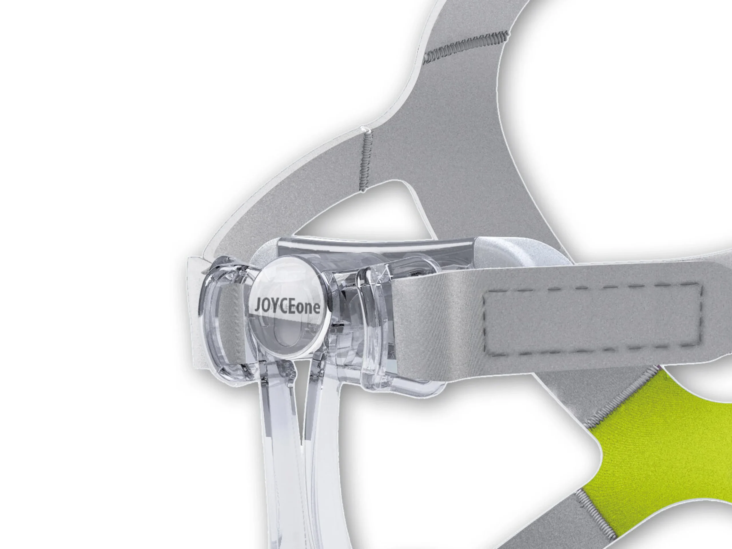 Close-up of the JOYCEone mask forehead swivel connector and headgear clip