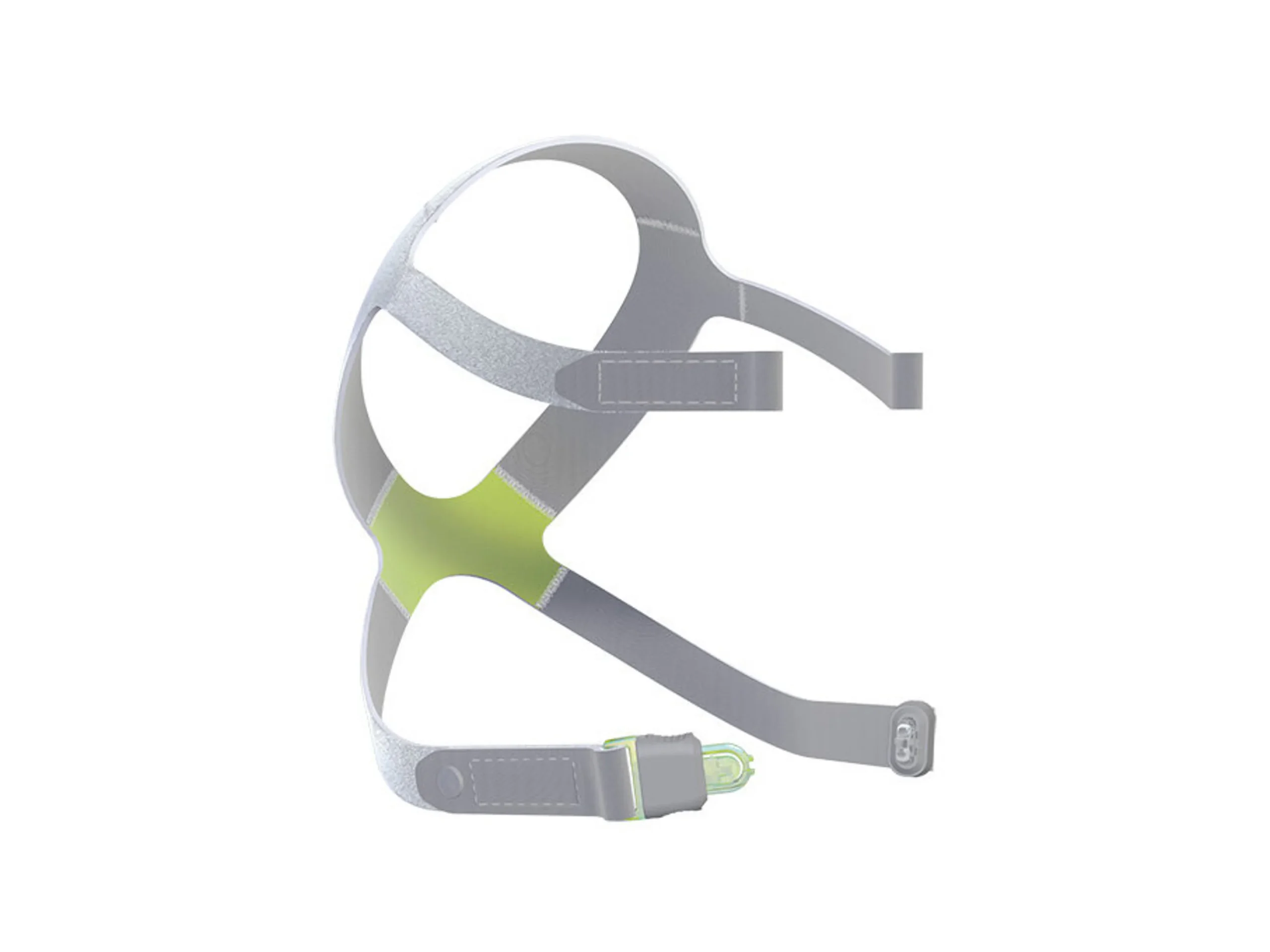 JOYCEone nasal mask headgear — grey and green straps with quick-release clip, shown without the mask