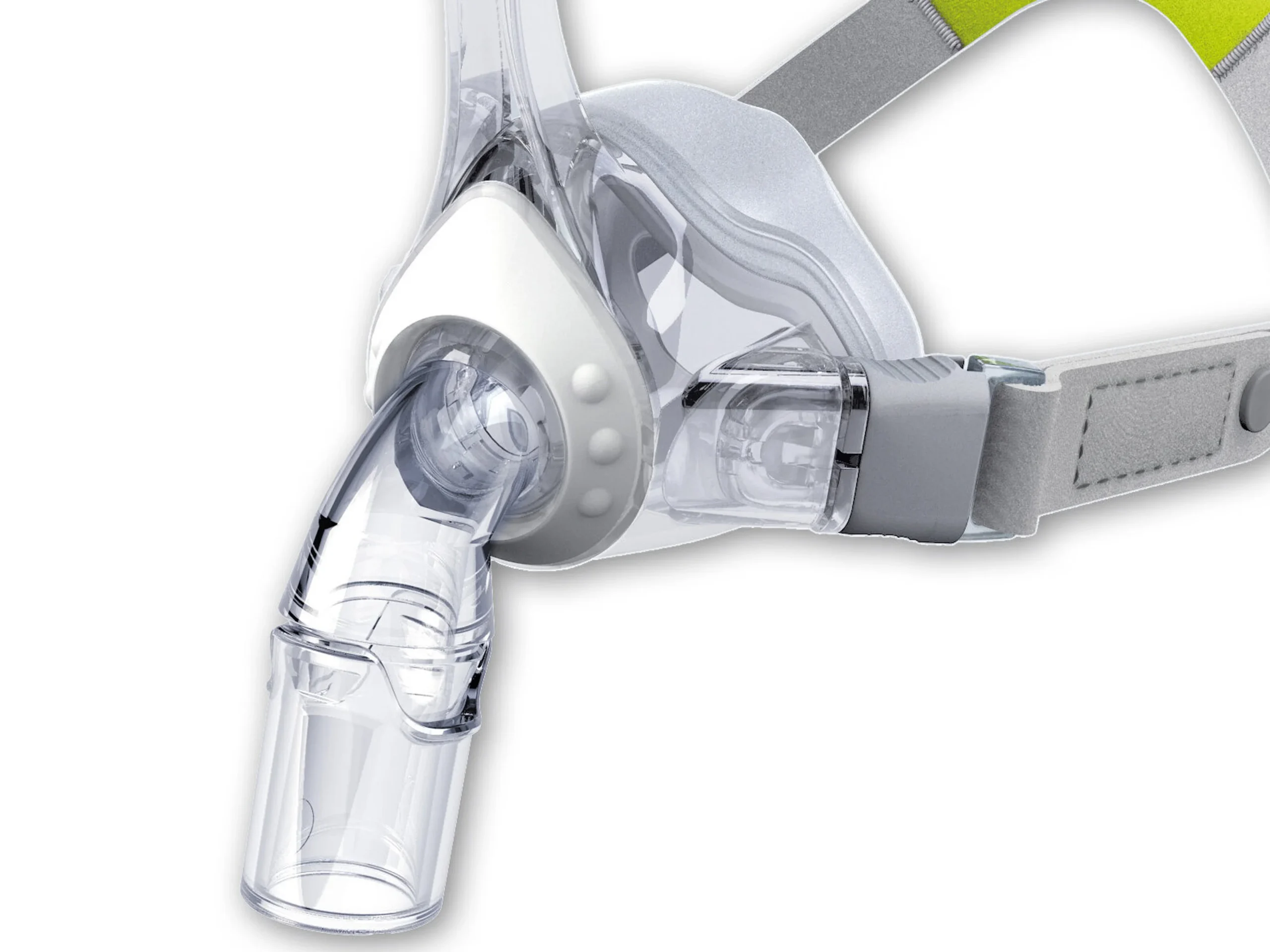 Close-up of the JOYCEone nasal mask cushion, tube elbow and side headgear clip
