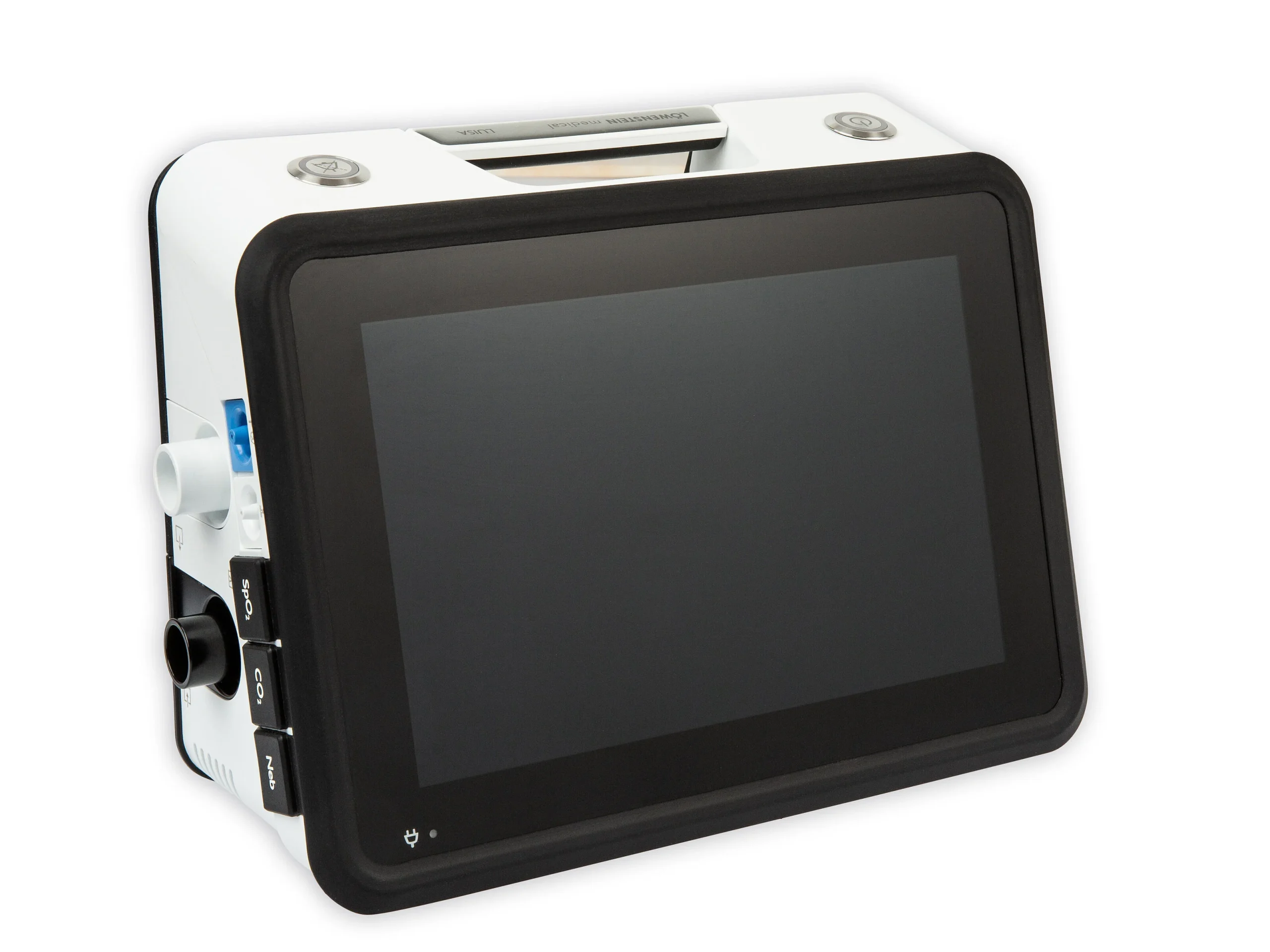 Löwenstein LUISA home ventilator — upright view showing the display, patient ports and plug-in SpO2, CO2 and nebuliser modules