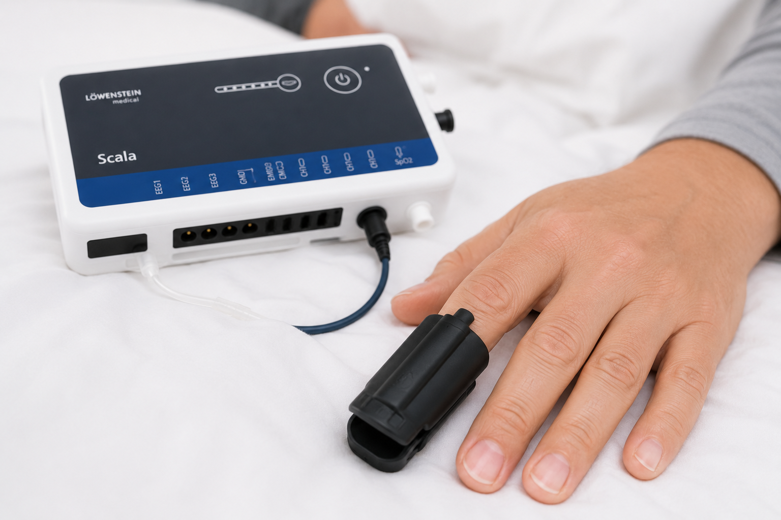 Löwenstein Scala polygraphy device resting on the bed beside a patient’s hand wearing the SpO2 finger sensor, with EEG, EMG, ECG and SpO2 input ports visible